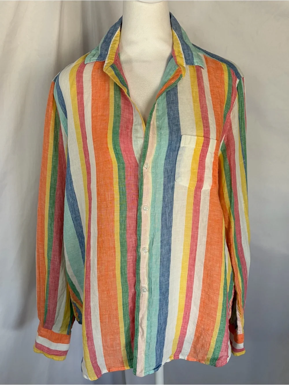 Frank & Eileen Colorful ‘Eileen’ Linen Vertical Stripe Button-Up Shirt Medium - Picture 2 of 9